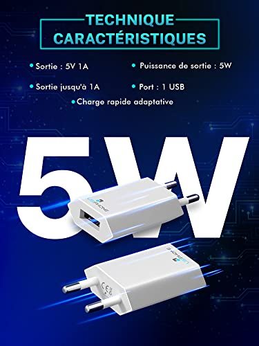 Chargeur Rapide USB (2 Packs) - Adaptateur de Prise USB Universel (5W 5V 1A) adapté aux Voyages compatibilité Universelle avec iPhone Apple Samsung Pixel Nexus Huawei Xiaomi HTC Sony LG - Blanc – Image 5