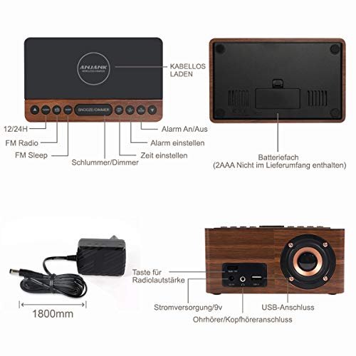 Radio Réveil Numérique en Bois avec Radio FM,Station de Charge sans fil Rapide Pour iPhone/Samsung Galaxy,Alarm Clock et Affichage LED,Variateur à 5 Niveaux,Port de Chargement USB,Minuterie de Sommeil – Image 10