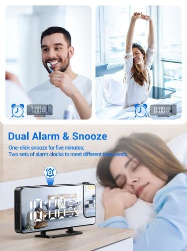 Lemnoi Radio Réveil Projection Plafond, Réveil Numérique Mirror LED avec Radio FM, 12/24h, Double Alarme, Snooze et Port de Chargement USB pour la Maison et Le Bureau – Image 6