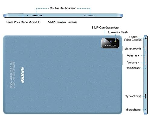 Tablette Android 11 SEBBE Tablette 10 Pouces Octa-Core 1.8 GHz, 4GB RAM + 64GB ROM (128GB Extensible), HD IPS Écran/5MP+8MP/6000mAh/Bluetooth 4.1/WiFi, Tablette avec Souris et Clavier - Bleu – Image 7