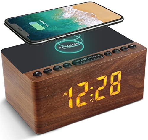 Radio Réveil Numérique en Bois avec Radio FM,Station de Charge sans fil Rapide Pour iPhone/Samsung Galaxy,Alarm Clock et Affichage LED,Variateur à 5 Niveaux,Port de Chargement USB,Minuterie de Sommeil – Image 2