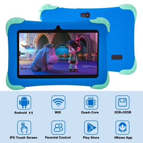 EagleSoar Tablette Enfants 7 Pouces, Android 11 Tablette pour Enfant 2Go RAM 32Go ROM Quad Core Contrôle Parental WiFi Bluetooth avec Double Caméra Kid-Proof Étui pour Tablette Tactile Éducative(Bleu) – Image 3