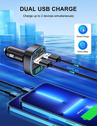Goigrn Transmetteur FM Bluetooth, Bluetooth 5.0 Voiture Adaptateur Radio Lecteur MP3 Kit Main Libre sans Fil, Chargeur Allume Cigare avec Dual USB Ports 5V/2.4A & 1A, Support Carte SD/Clé USB – Image 3
