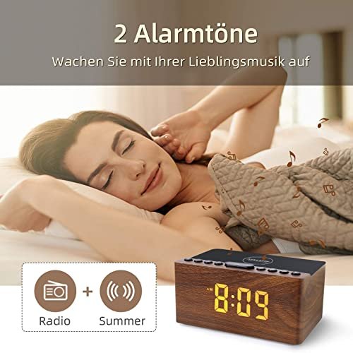 Radio Réveil Numérique en Bois avec Radio FM,Station de Charge sans fil Rapide Pour iPhone/Samsung Galaxy,Alarm Clock et Affichage LED,Variateur à 5 Niveaux,Port de Chargement USB,Minuterie de Sommeil – Image 8