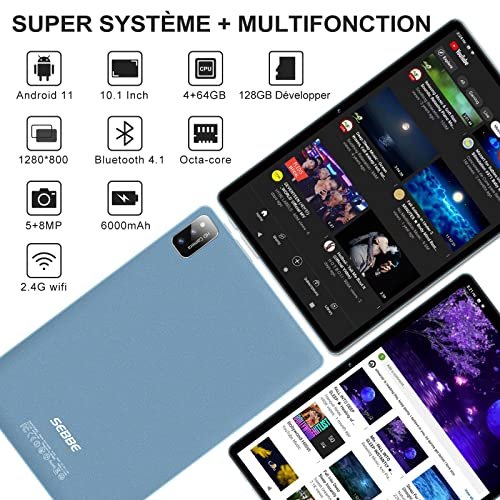Tablette Android 11 SEBBE Tablette 10 Pouces Octa-Core 1.8 GHz, 4GB RAM + 64GB ROM (128GB Extensible), HD IPS Écran/5MP+8MP/6000mAh/Bluetooth 4.1/WiFi, Tablette avec Souris et Clavier - Bleu – Image 4