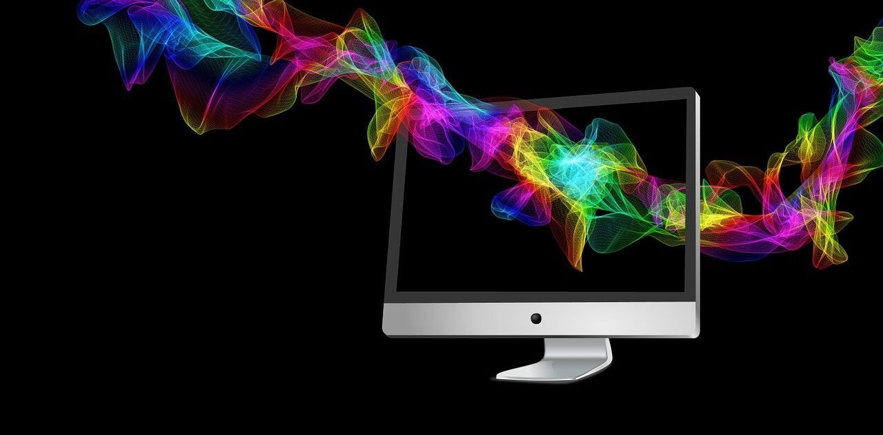 computer, monitor, waves, colorful, rainbow, rainbow colors, particles, colors, wave, abstract, screen, computer screen, computer monitor, nature, design, movement, abstract design, abstract waves