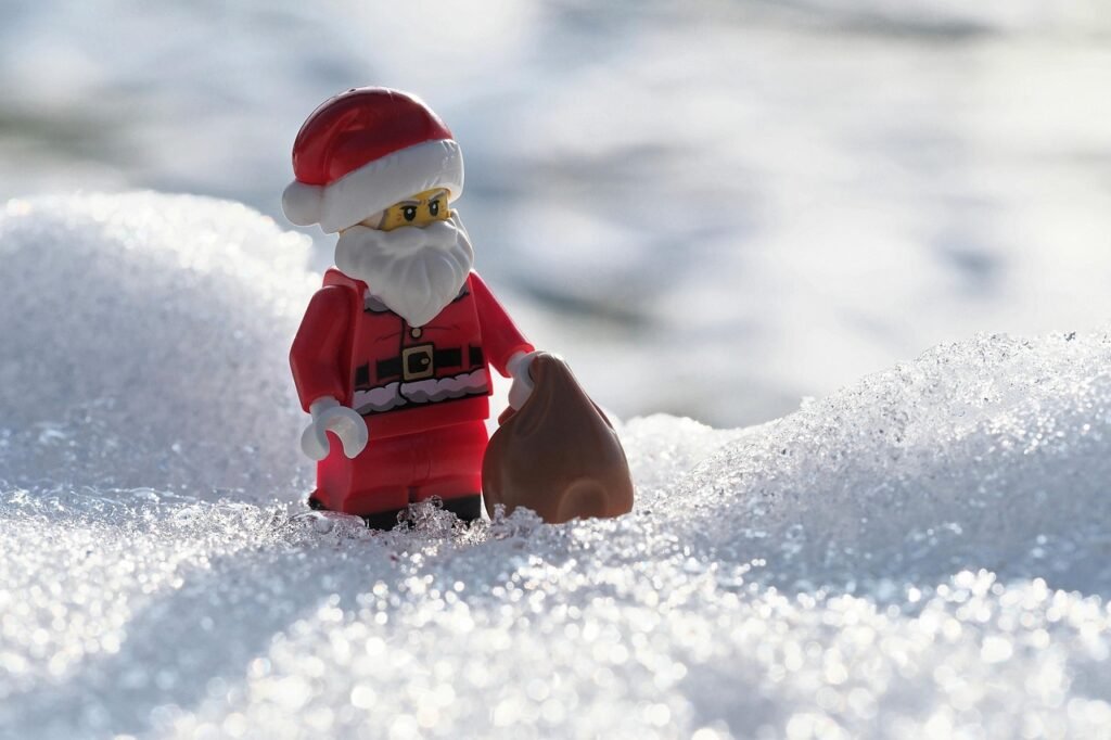 santa claus, nicholas, snow, gifts, minifigure, lego, miniature, nature, hd wallpaper