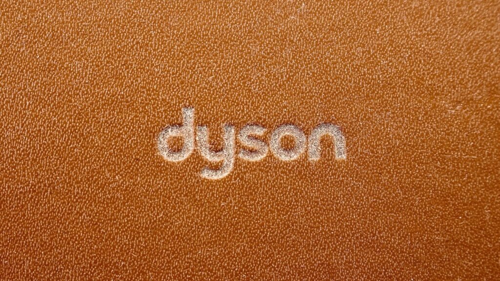 the word dyson written on a brown leather surface
