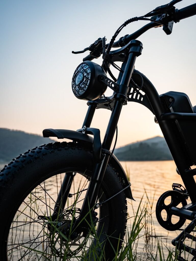 Close-up of an electric bike by a lake during sunset, highlighting its modern design and adventurous spirit.