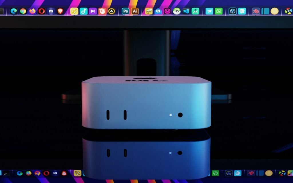 White computer hub with ports on a reflective surface